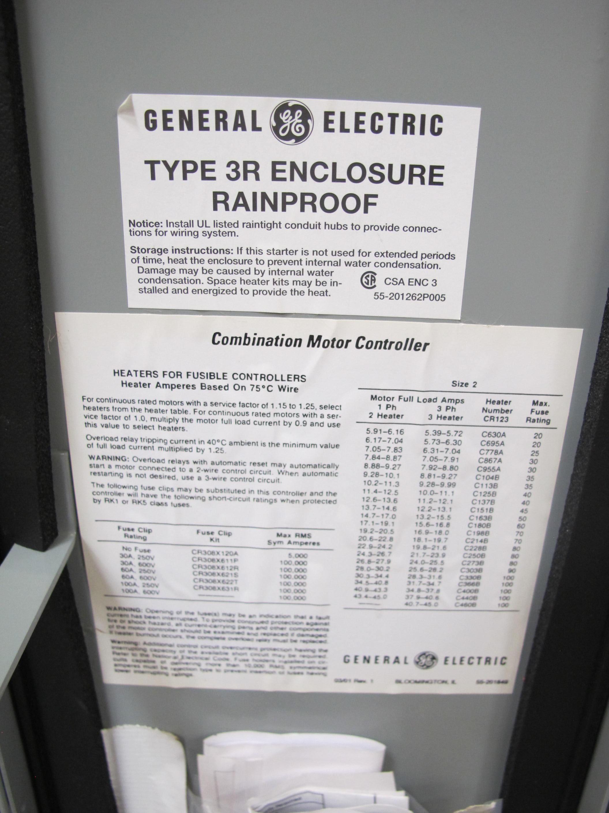 GE 300 LINE-CONTROL COMBINATION MOTOR CONTROLLER, RAINPROOF ENCLOSURE, MO# MTSJ800, 600 VAC, NEMA 2. LOADING & HANDLING FEE $15-4041